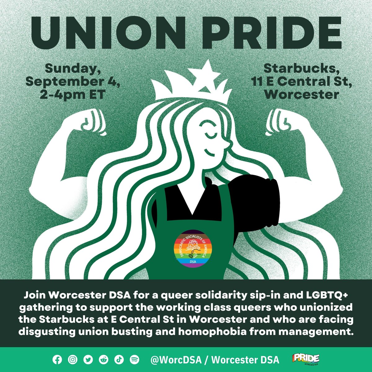 "Support often, but not exclusively, comes from <a href="/DemSocialists/">DSA</a>... For example, [a WorcDSA member] told In These Times that his chapter has made supporting the SBWU campaign a priority. That city will see a LGBTQ+-themed sip-in, with Labor Day coinciding with Pride in Worcester"