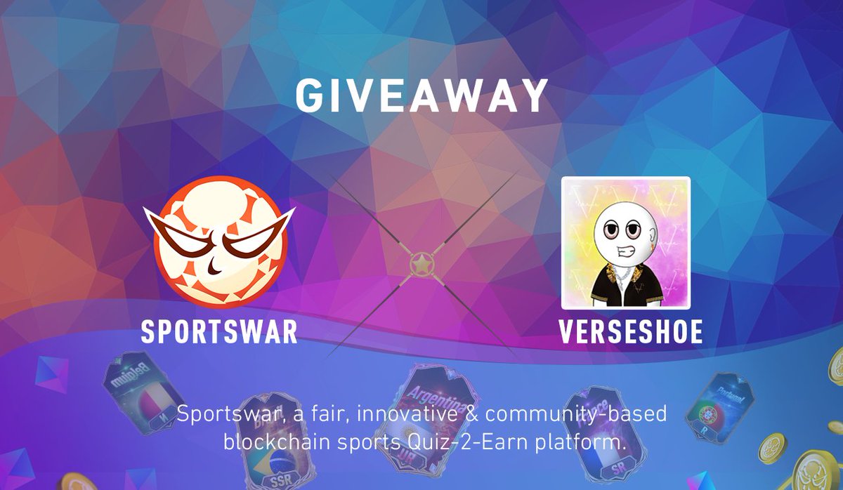 ⚽️Sportswar x 👟Verseshoe Giveaway 

🎟️5x WL Verseshoe 
🎟️5x WL Sportswar

To win:
✅Follow <a href="/Sportswar_real/">Sportswar</a>&amp; @Verseshoe 
✅Like, Retweet &amp; Tag 3 friends

⌛️ 48 hours  #NFTGiveaways #NFTs