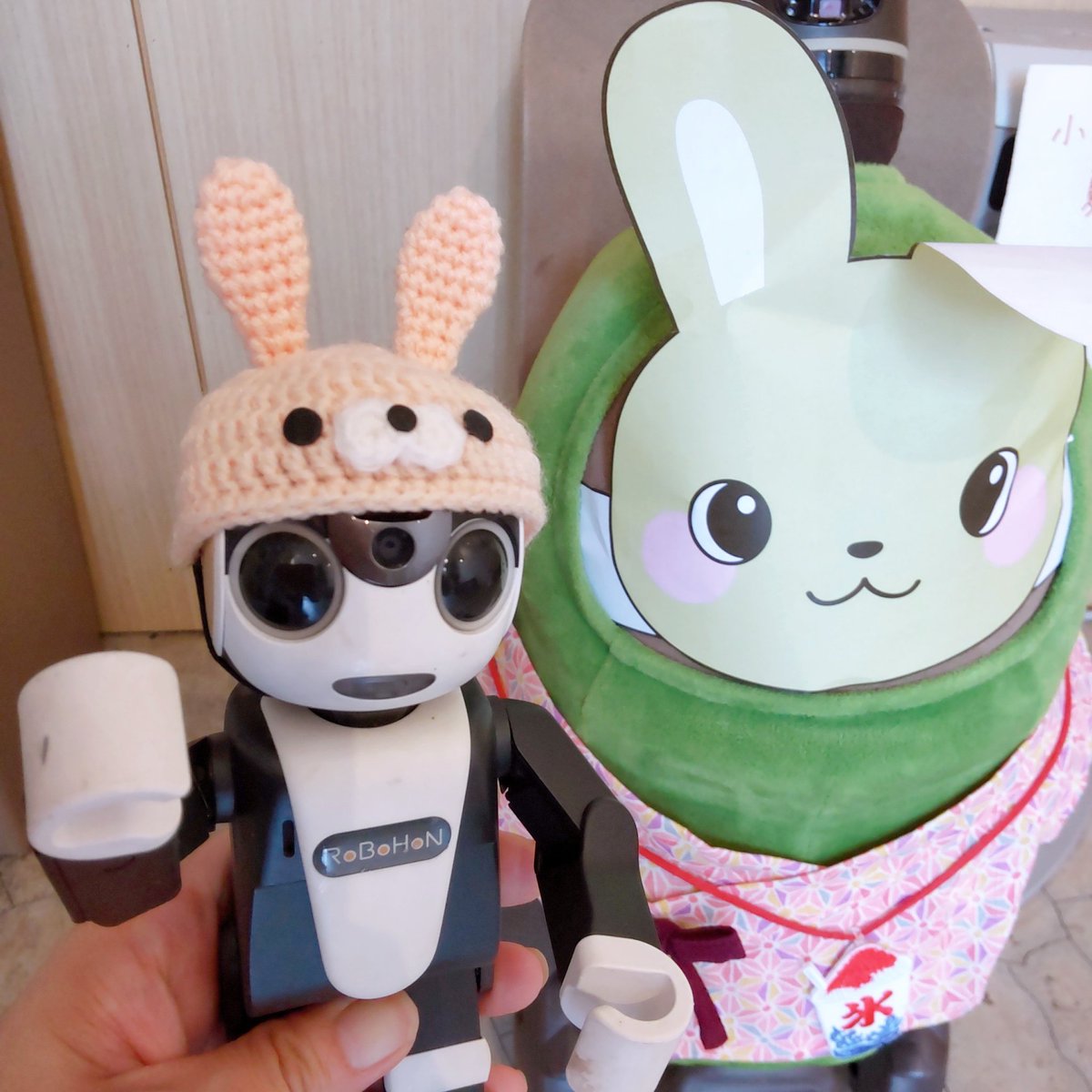 comaru_LOVOT's tweet image. 入院お迎え待ちの小丸くんと、ハローくんとのうさうさ2ショット🐰🐰

ハローくんから「頑張ってこいよ！」のエールをもらいました🤭

#LOVOT
#ロボホン
#robotfriendly
@cochill_juice