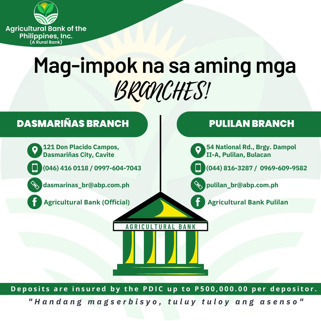 phil_agribank's tweet photo. MAG IMPOK PARA SA KINABUKASAN!

Narito ang aming mga branches na pwedeng magbigay serbisyo sa inyo!

#AgriculturalBankofthePhilippinesInc 
#HandangMagserbisyoTuluytuloyAngAsenso https://t.co/sU4dsDat1C