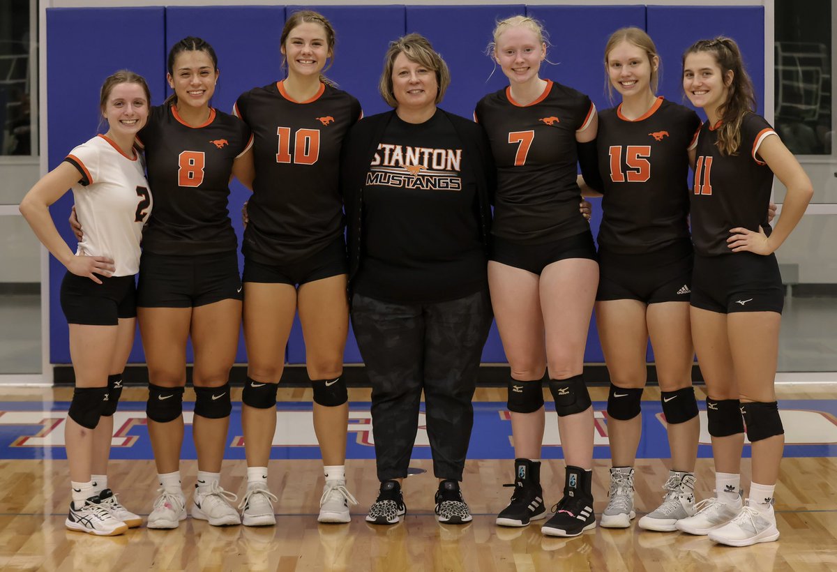 RegisterStanton's tweet photo. CONGRATULATIONS! Coach Teresa Christensen, who brings a stellar coaching record with her, picked up her first win as the head coach at @SCSActivities! Here she is with her seniors after tonight’s win. Congratulations to all of you! #mustangpride https://t.co/HO3yNRDbCB
