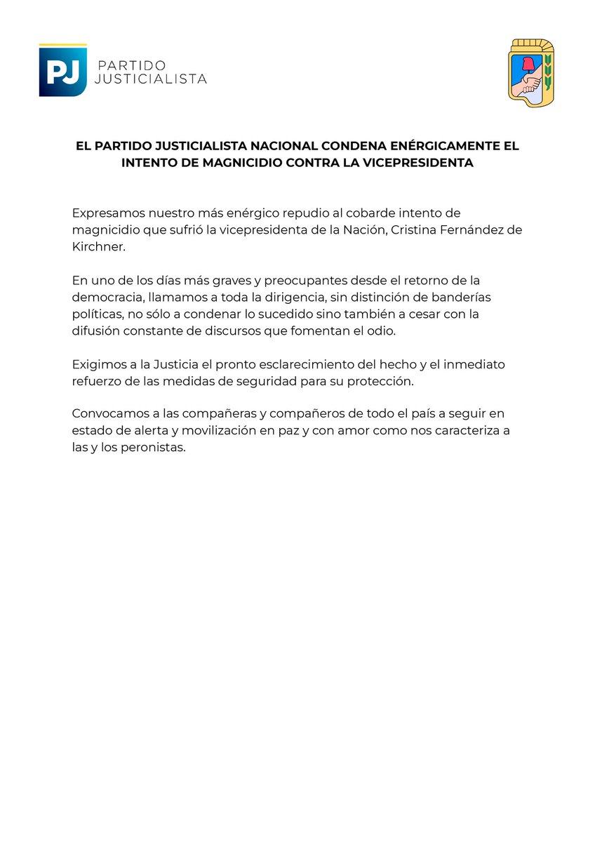 Expresamos nuestro más enérgico repudio al cobarde intento de magnicidio que sufrió la vicepresidenta de la Nación, Cristina Fernández de Kirchner.