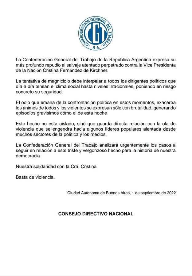 EzequielTosco's tweet photo. Comunicado Oficial de #CGT en repudio al intento de magnicidio a la vicepresidenta 
@CFKArgentina https://t.co/Bum4P3LJr1