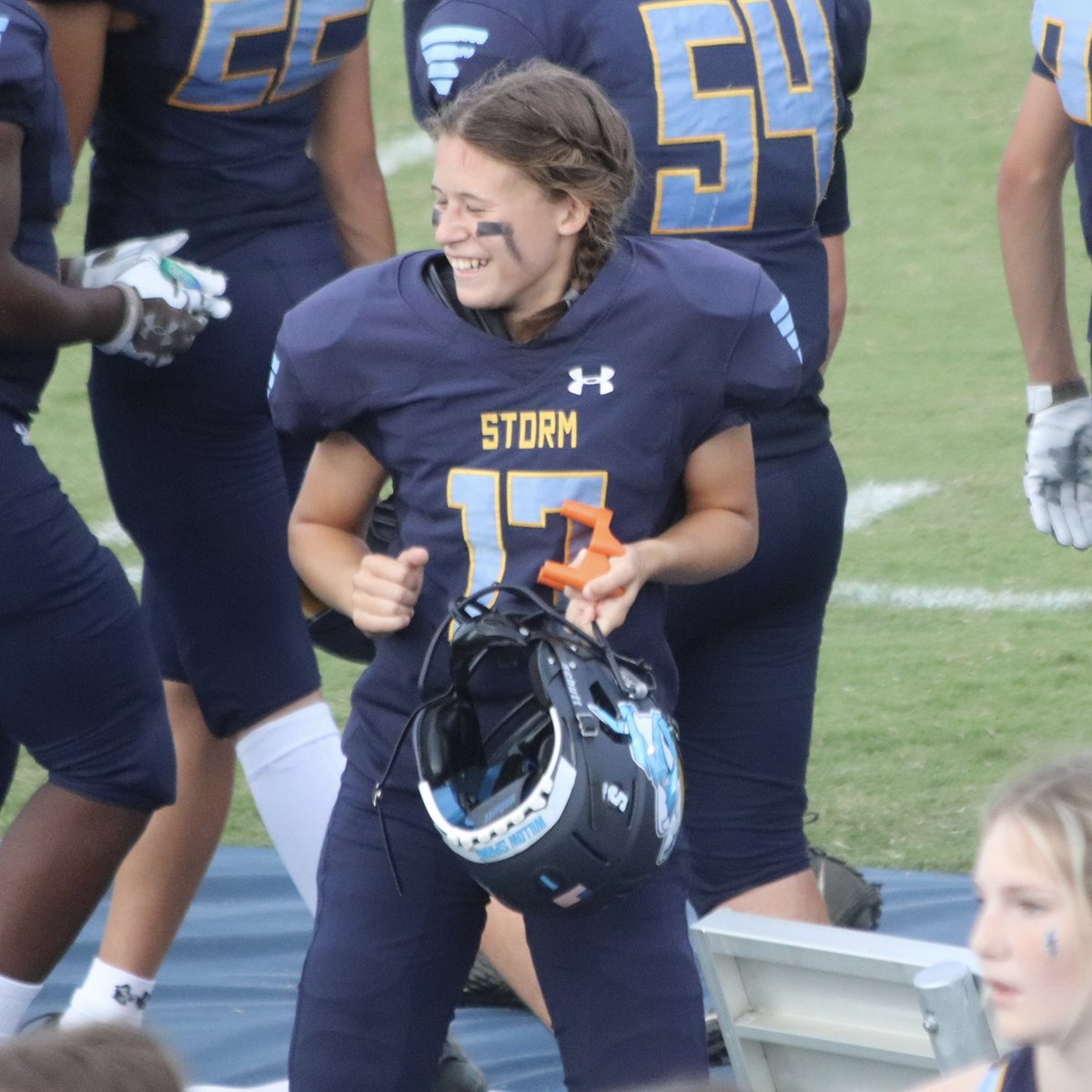 sportsphotomom5's tweet photo. @CarolinePlumme5 is our first ever girl varsity football player for @WS_Storm_FB team. She’s tough as nails! Don’t let the pigtails fool you! Great job tonight CP! #GirlPower https://t.co/rhNS9SY47v
