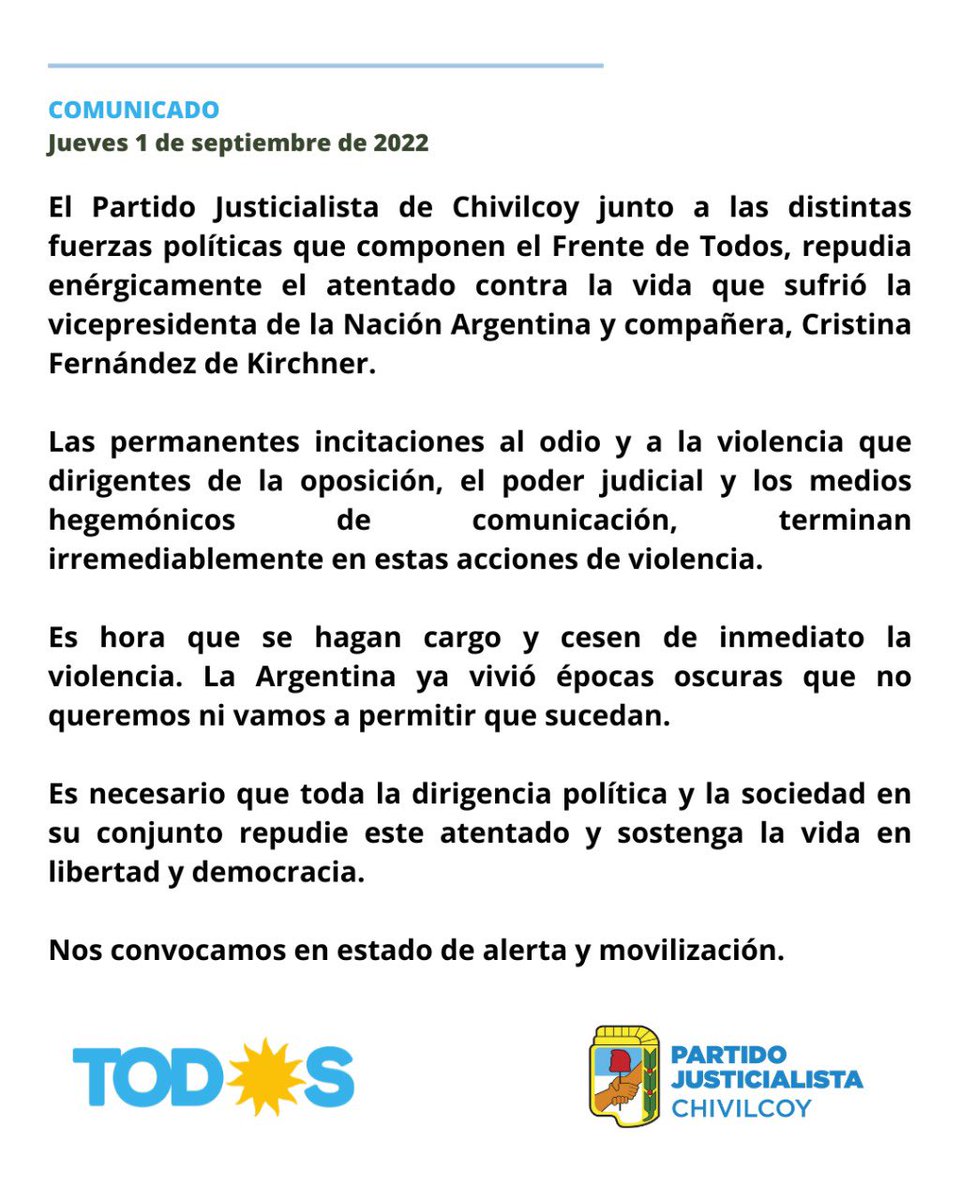 PJChivilcoy's tweet photo. Comunicado del Partido Justicialista y las fuerzas políticas del Frente de Todos #Chivilcoy. 

#todosconcristina #fuerzaCristina https://t.co/hG6ZSwS0St