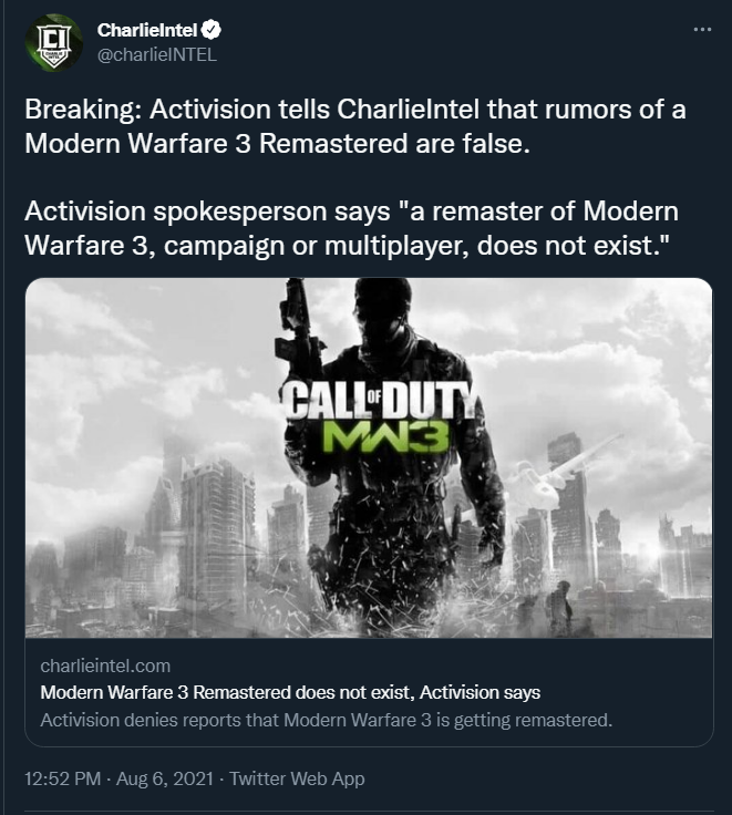 Modern Warfare 3 remastered is not a thing, says Activision