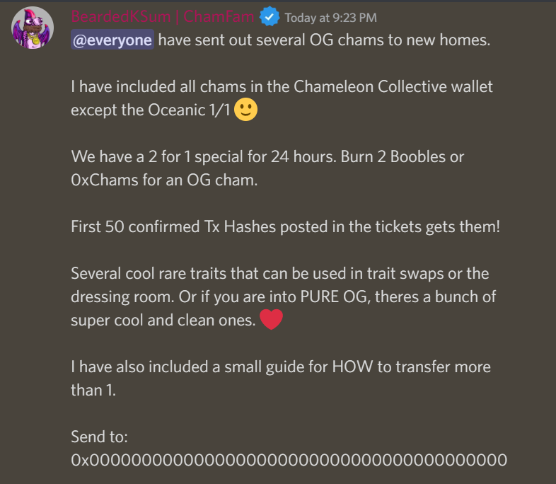 BeardedKsum's tweet photo. After donating $45k with ChamFam, and  $30k+ to Women's health w/ @Boobles_NFT, We gave ALL holders "expansion" chams that were free per each cham each wallet held. 

NOW you can burn 2 of each &amp; get sent random OG Chams from @Chameleon_NFT ❤️‍🔥❤️‍🔥 

#givingback #NFTs #NFTCommunity https://t.co/X5zCSsYWET