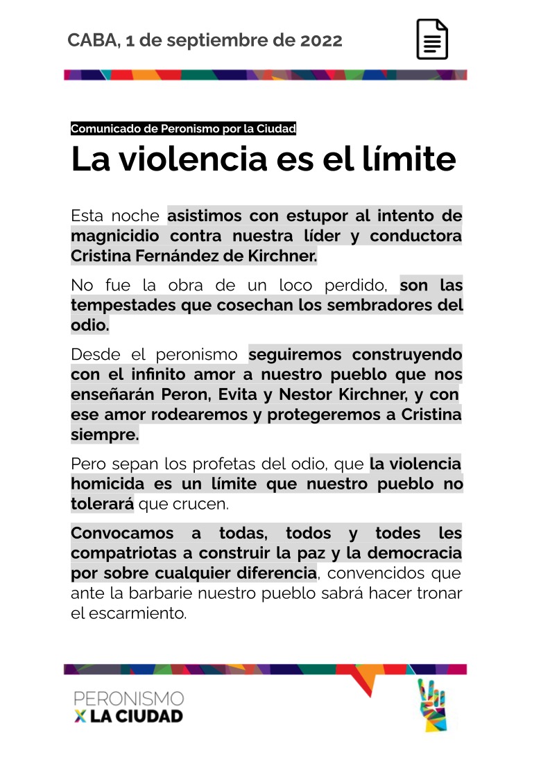 La violencia es el límite.

Todo el apoyo y la fuerza a la Compañera <a href="/CFKArgentina/">Cristina Kirchner</a> y el más enérgico de los repudios a este tipo de actos. El Pueblo movilizado y empoderado es la única garantía de vencer al odio de la antipatria.