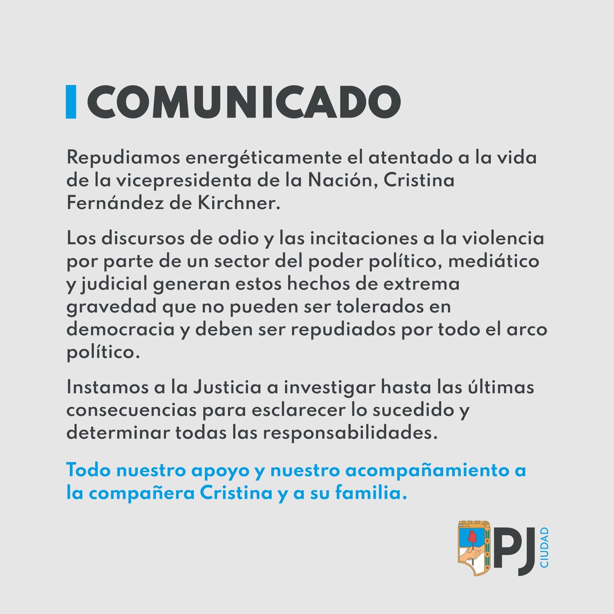 COMUNICADO

Repudiamos enérgicamente el atentado contra la vida de la vicepresidenta de la Nación <a href="/CFKArgentina/">Cristina Kirchner</a>.