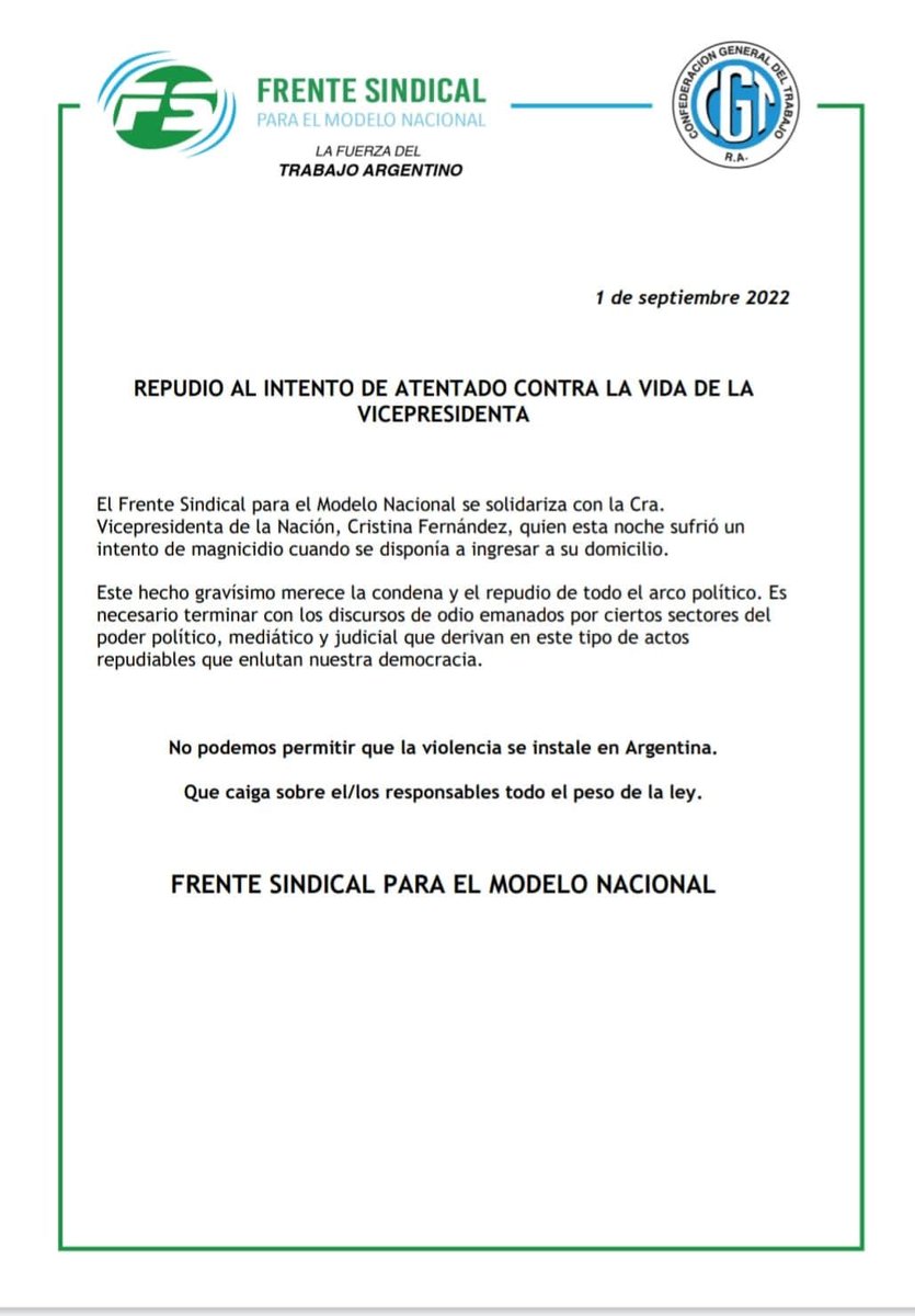AlejandrooSalce's tweet photo. Enérgico repudio del #FrenteSindical ante este grave atentado y toda nuestra solidaridad con @CFKArgentina 

Que la justicia actúe con celeridad para esclarecer los hechos https://t.co/r85wq7sqY9