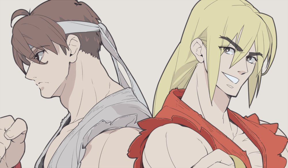 ryu (street fighter) multiple boys 2boys male focus dougi blonde hair headband brown hair  illustration images