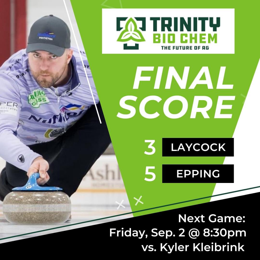 LaycockCurling's tweet image. A tight back and forth battle with John Epping this evening, but unfortunately results in our first loss.

We are back on tomorrow night at 8:30pm vs. Kyler Kleibrink!

Huge shoutout to our sponsor Trinity BioChem for jumping on board with us this season.