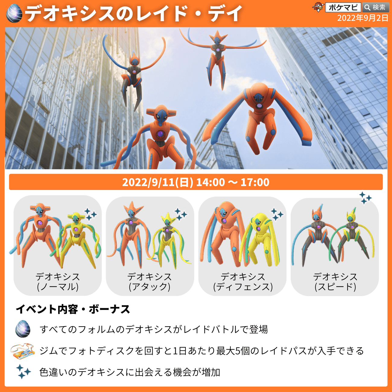 ポケモンgo攻略情報 ポケマピ デオキシス の レイド デイ 開催 期間 22 9 11 日 14時 17時まで すべてのフォルムの デオキシス が登場 ジムから1日あたり最大5個の レイドパス が入手できる 色違いの デオキシス に出会える機会が ポケモンgo攻略情報 ポケマピ デオキシス の レイド デイ 開催 期間 22 9 11 日 14時 17時まで すべてのフォルムの デオキシス が登場 ジムから1日あたり最大5個の レイドパス が入手できる 色違いの デオキシス に出会える機会が
