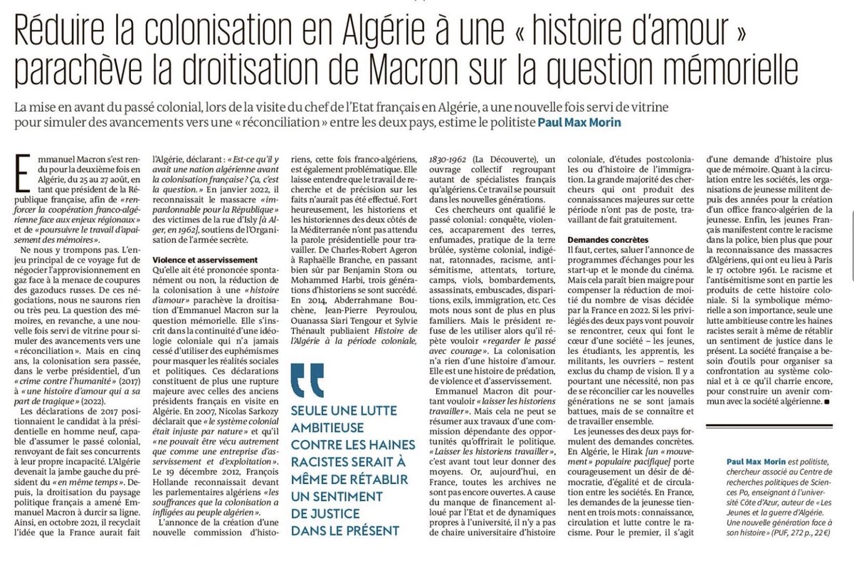 Sidérante censure. ⁦@lemondefr⁩ présente ses « excuses » au du président de la République en supprimant la tribune ci-dessous qui critique la vision macronienne des relations franco-algériennes comme « une histoire d’amour qui a sa part de tragique » cutt.ly/VColFWS