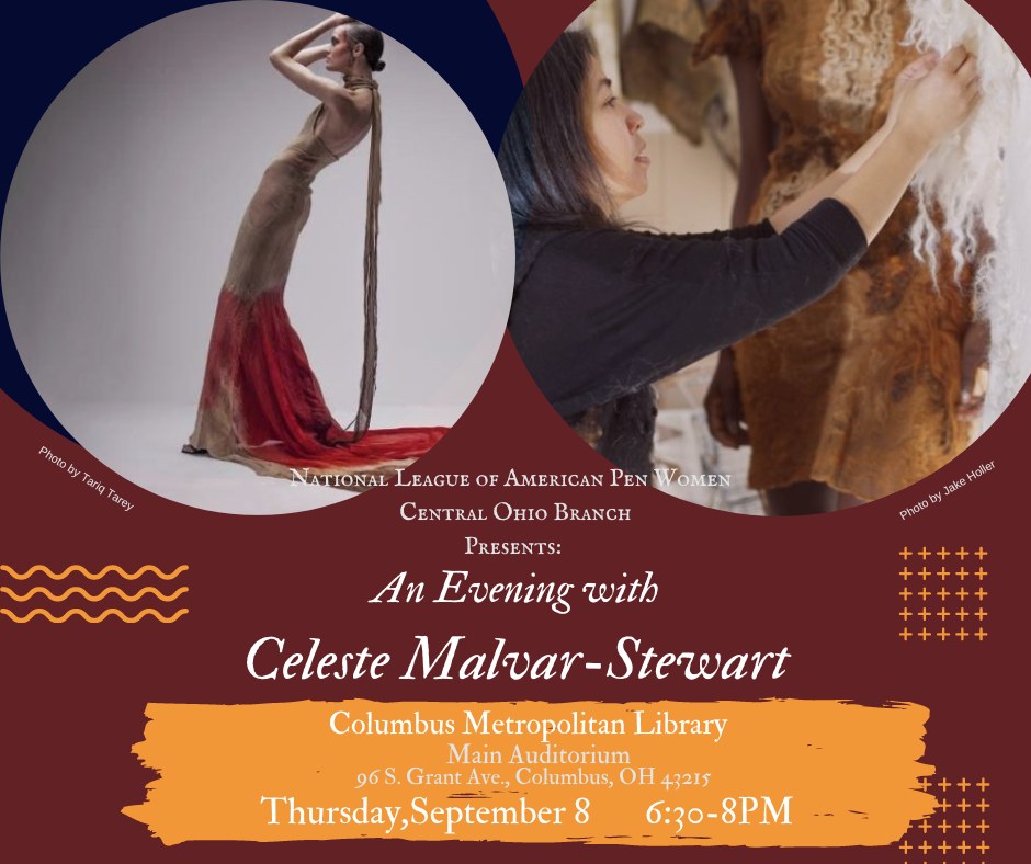 #daalmembers are invited to a program featuring fashion designer and CCAD faculty member Celeste Malvar-Stewart. Sponsored by Pen Women Central Ohio Branch (NLAPW) the program is Thur., Sept.8, 6:30-8PM at the Columbus Metro Library at 96 S. Grant. #ccad  #PenWomenCentralOhio