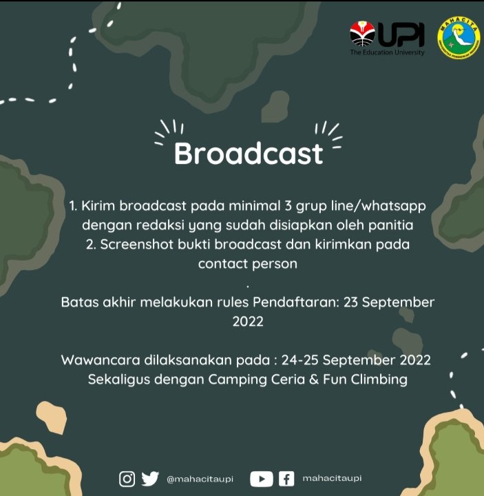 [ OPEN HOUSE MAHACITA UPI]
SALAM LESTARI!🍃

📢 Open Recruitment : 02-23 September 2022
📣 For more information :
Instagram : <a href="/mahacitaupi/">MAHACITA UPI</a>
Twitter : <a href="/mahacitaupi/">MAHACITA UPI</a>
CP :  +62 838-6267-0697 (Rena)
+62 831-3049-5381 (Zaki)
Link Pendafraran : linki.ee/mahacitaupi