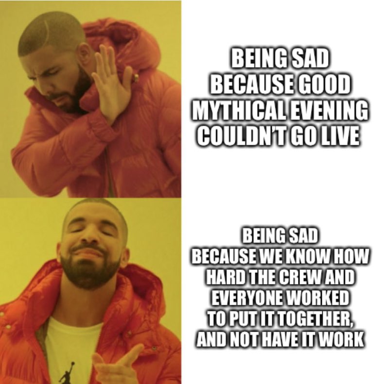 tea_899's tweet photo. @Mythical we still love you! Please don’t be too hard on yourselves tonight, looking forward to the next #goodmythicalevening ! https://t.co/ZlnawlssaX