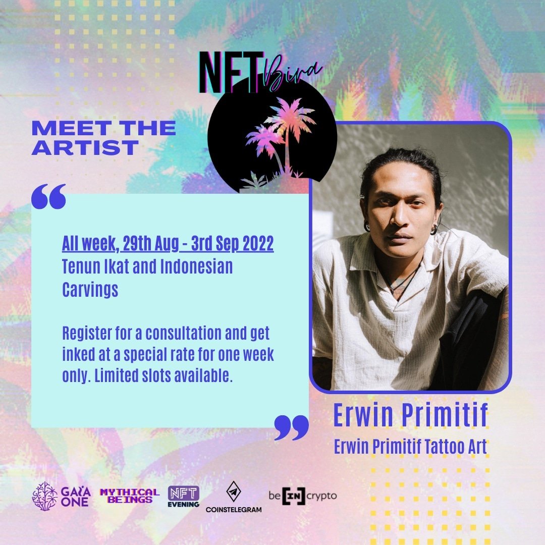 This Saturday we'll be graced by our amazing partner, Yann from #PacificHigh &amp; Lee from <a href="/TokoMall/">TokoMall</a>! 

And if you haven't decided on that tattoo design, contact Erwin who's been inking some insane art throughout #NFTBira week! 💥

#NFTCommunity #NFTIndonesia #ImpactNFTs #NFTEvent