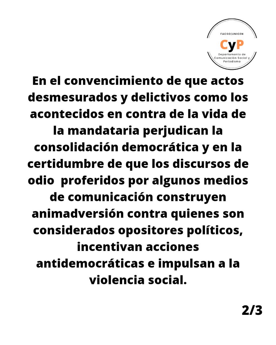 dcspfacsounicen's tweet photo. #COMUNICADO Desde la Junta Departamental de las carreras de Comunicación Social y Periodismo de la Facultad de Ciencias Sociales de la UNICEN repudiamos de manera enérgica la violencia política sucedida en el intento de magnicidio producido hacia la Vicepresidenta @CFKArgentina https://t.co/gYXyFMxbO8