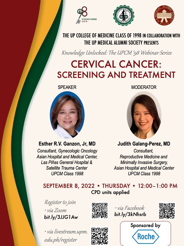 UPCM98's tweet photo. Join us Sep 8 12nn for a webinar on CERVICAL CANCER
Ways to watch:
- Register at https://t.co/xymZQIaGYz via Zoom
- Register at https://t.co/iQWZvKmYRH via UP Manila Livestream
- Join UP Med Webinars 2022 group https://t.co/UKDvwY9Q0N
#CervicalCancer #UPCM98 @UPManilaOnline https://t.co/GsGkeL3fvE