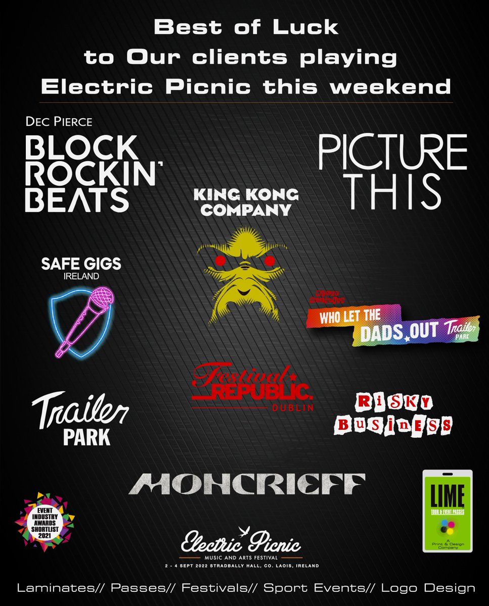 Best of luck to all our clients playing <a href="/EPfestival/">Electric Picnic</a> this weekend, cannot wait to see you nail it ❤️ #ep22 #electricpicnic <a href="/DecPierce/">Dec Pierce</a>  <a href="/picturethis/">Picture This</a> <a href="/KingKongComp/">King Kong Company</a> <a href="/TrailerParkEP/">Trailer Park</a> <a href="/safegigsireland/">Safe Gigs</a> <a href="/FRfestivals/">Festival Republic</a> <a href="/MoncrieffMusic/">moncrieff</a> <a href="/mikesound1212/">Mike Sound 🔰🇵🇸🇺🇦</a> #backstagepass #artist <a href="/banogue/">Willie Ryan</a>