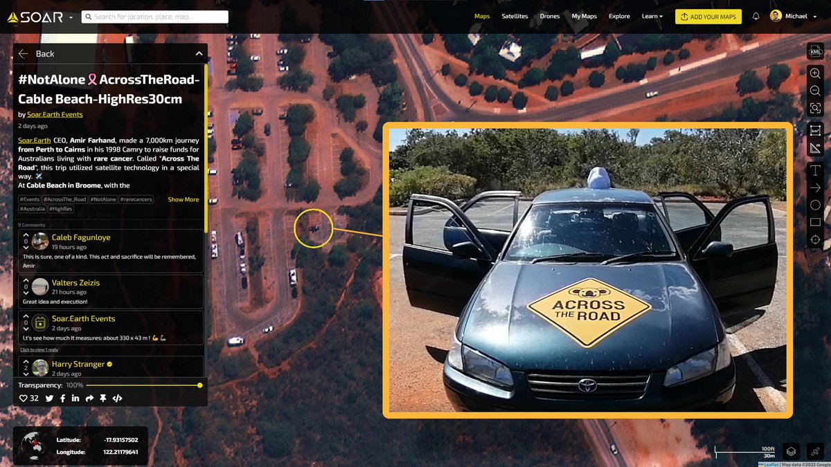 AcrossThe_Road's tweet photo. Did you spot my car? In the #NOTALONE satellite image on https://t.co/8VKeOZuoT2, you can zoom in around the map. Visit the parking lot near Cable Beach and you'll find the green leopard herself. 

Try it out! 🗺️ https://t.co/bN34lozktk https://t.co/O8dTdW6kDY
