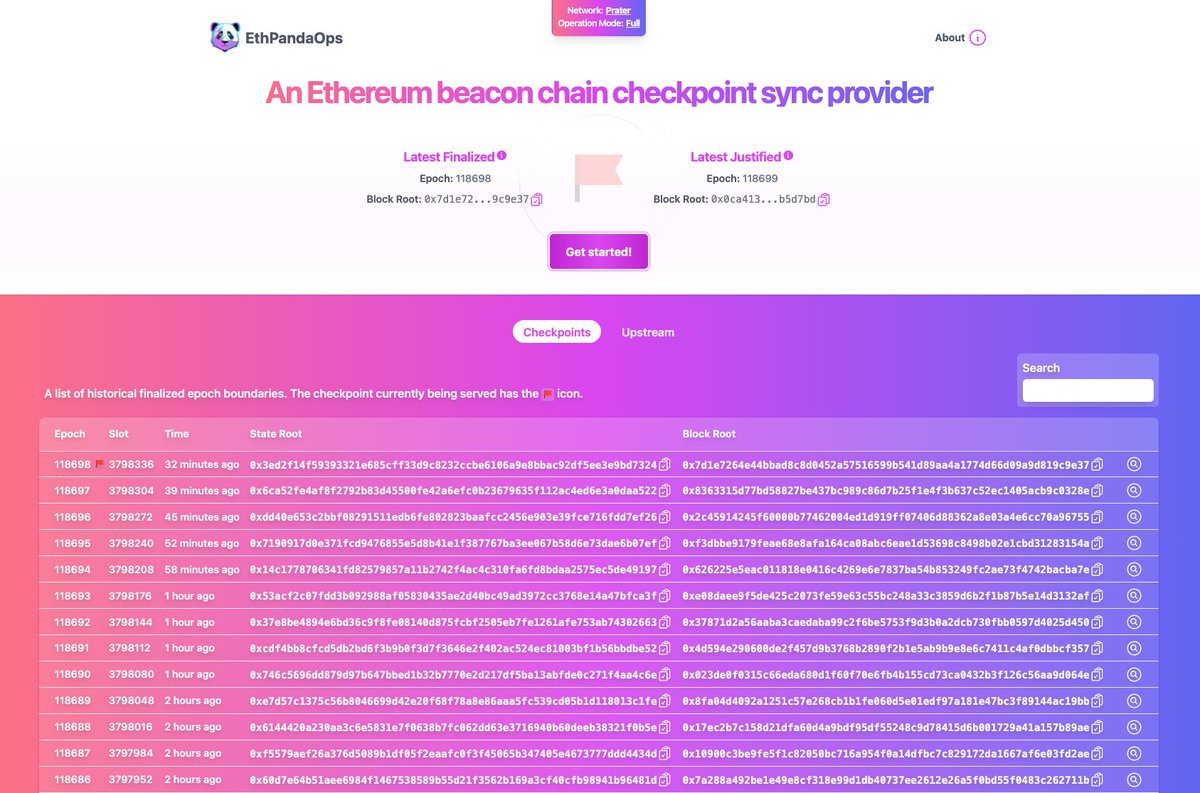 Announcing Checkpointz - an Ethereum beacon chain checkpoint sync provider 🎉

github.com/samcm/checkpoi…

Features:
✅ - Reduces the operational burden of providing a full checkpoint sync endpoint
✅ - Web UI for users to cross reference against
✅ - Light mode for home stakers