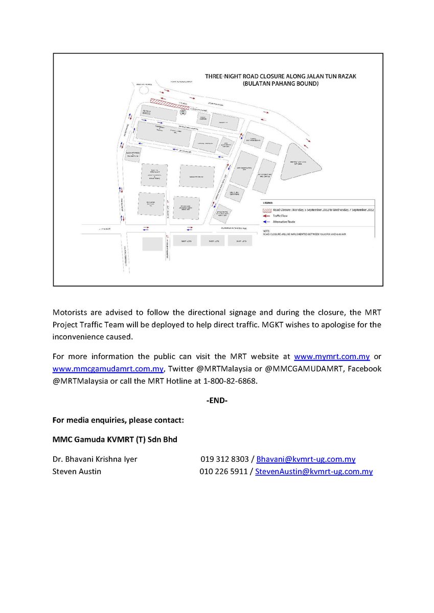 MMCGAMUDAMRT's tweet photo. 3-NIGHT ROAD CLOSURE ALONG JLN TUN RAZAK 
(BULATAN PAHANG BOUND) after Hospital KL for road reinstatement works from 5 Sep to 7 Sep 2022 btw 10PM &amp; 6AM. Motorists are advised to follow the directional signage and during the closure. MGKT wishes to apologies for the inconvenience. https://t.co/MDDD9ue49I