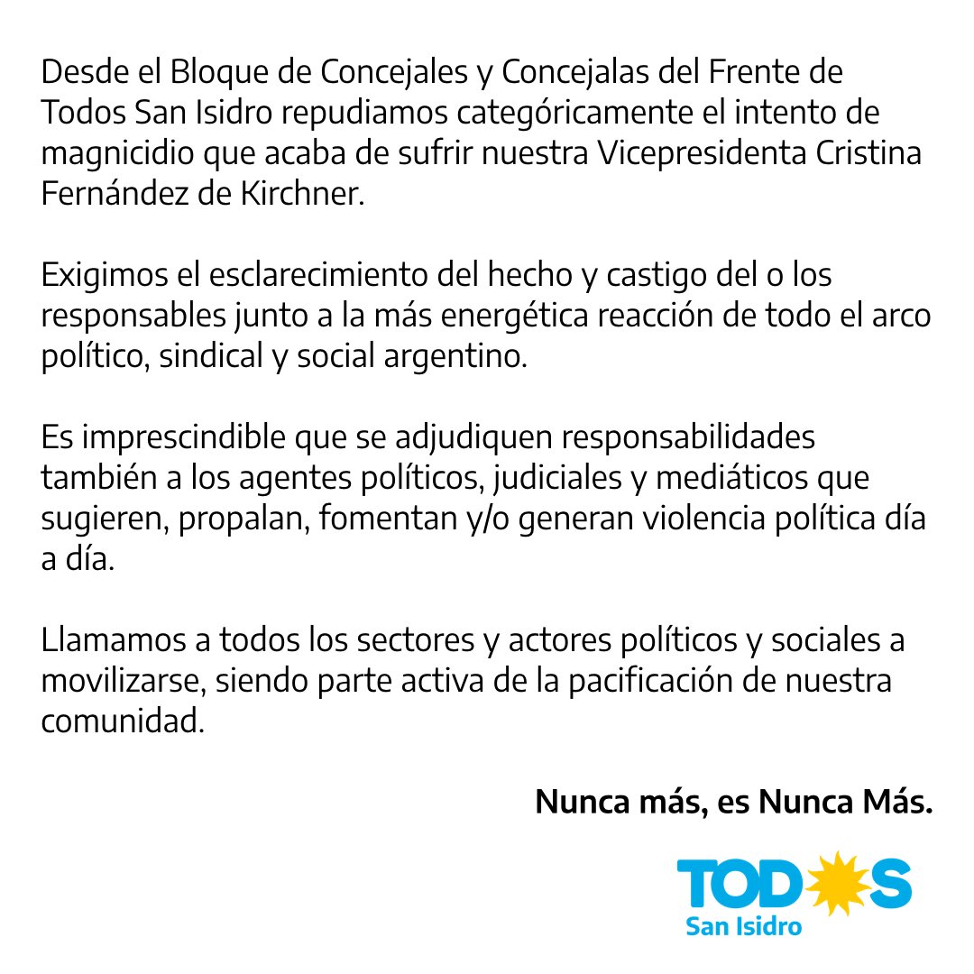 Repudio y movilización.
Por Cristina, por la paz y la Democracia.

Nunca más, es nunca más