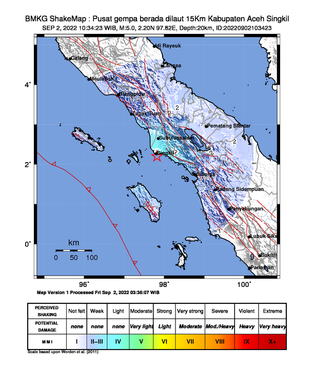 #Gempa Mag:5.0, 02-Sep-22 10:34:23 WIB, Lok:2.20 LU, 97.82 BT (Pusat gempa berada dilaut 15Km Kabupaten Aceh Singkil), Kedlmn:20 Km Dirasakan (MMI) III-IV Singkil , III Brastagi, III Humbang Hasundutan #BMKG