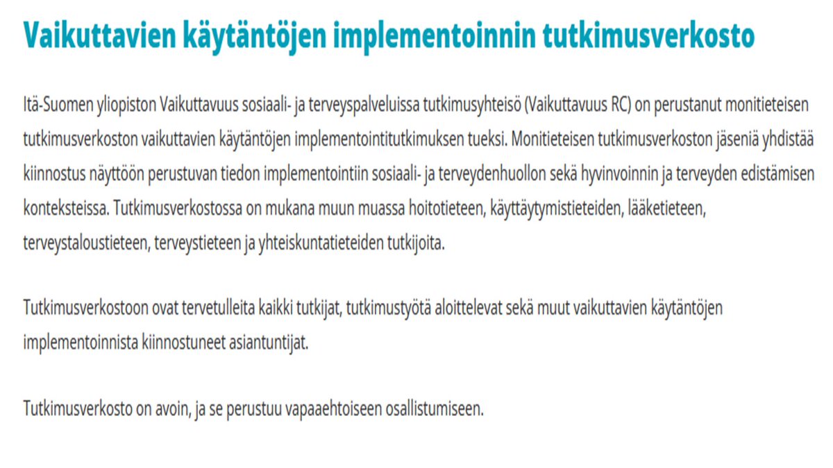 VAIKtaloUEF's tweet photo. Vaikuttavuuden talo @UniEastFinland  on perustanut: 

💎Verkoston tukemaan vaikuttavien käytäntöjen implementaatiota

💎Mikäli #implementaatio #tutkimus #hyvät #käytännöt kiinnostavat niin lue alta lisää 1/3

🙏Tervetuloa verkostoon mikäli työskentele aiheen parissa! https://t.co/XeiWgD4C84