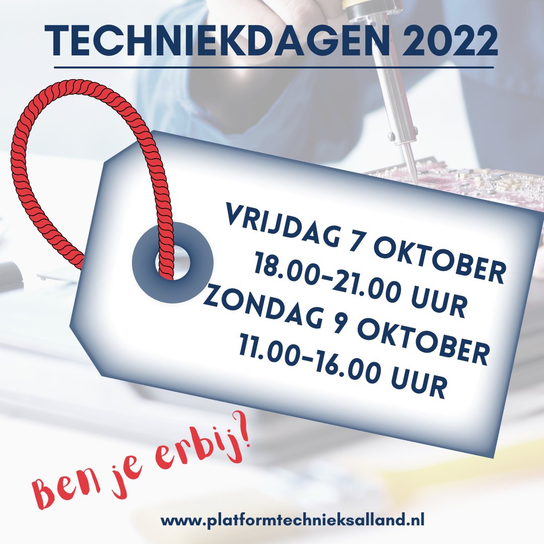 Binnenkort zijn de Techniekdagen weer.
Heb jij de data al in jouw agenda staan?
Vrijdag 7 en zondag 9 oktober 2022.
Be there!

#techniekdagen #technieksalland #techniekonderwijs #techniek #technologie #techniekdagen2022 #techniekdagensalland

platformtechnieksalland.nl