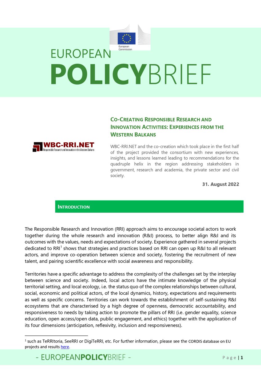 The 1st #Policy Brief of  <a href="/wbc_rri/">WBC-RRI.NET</a> is here!
These #policy recommendations address Quadruple Helix stakeholders in the Western #Balkan region, including #government, #research, private sector stakeholders, and #civil society.

Read here: wbc-rri.net/policy-brief-c…

#rri #h2020