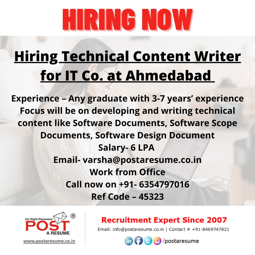 postaresume's tweet image. Technical Content Writer at Ahmedabad 
Any graduate with 3-7 years’ experience in Software Documents, Software Scope Documents, Software Design Document
varsha@postaresume.co.in
6354797016
#ContentWriter #TechnicalContentWriter #Jobs #career #Ahmedabad #postAresume