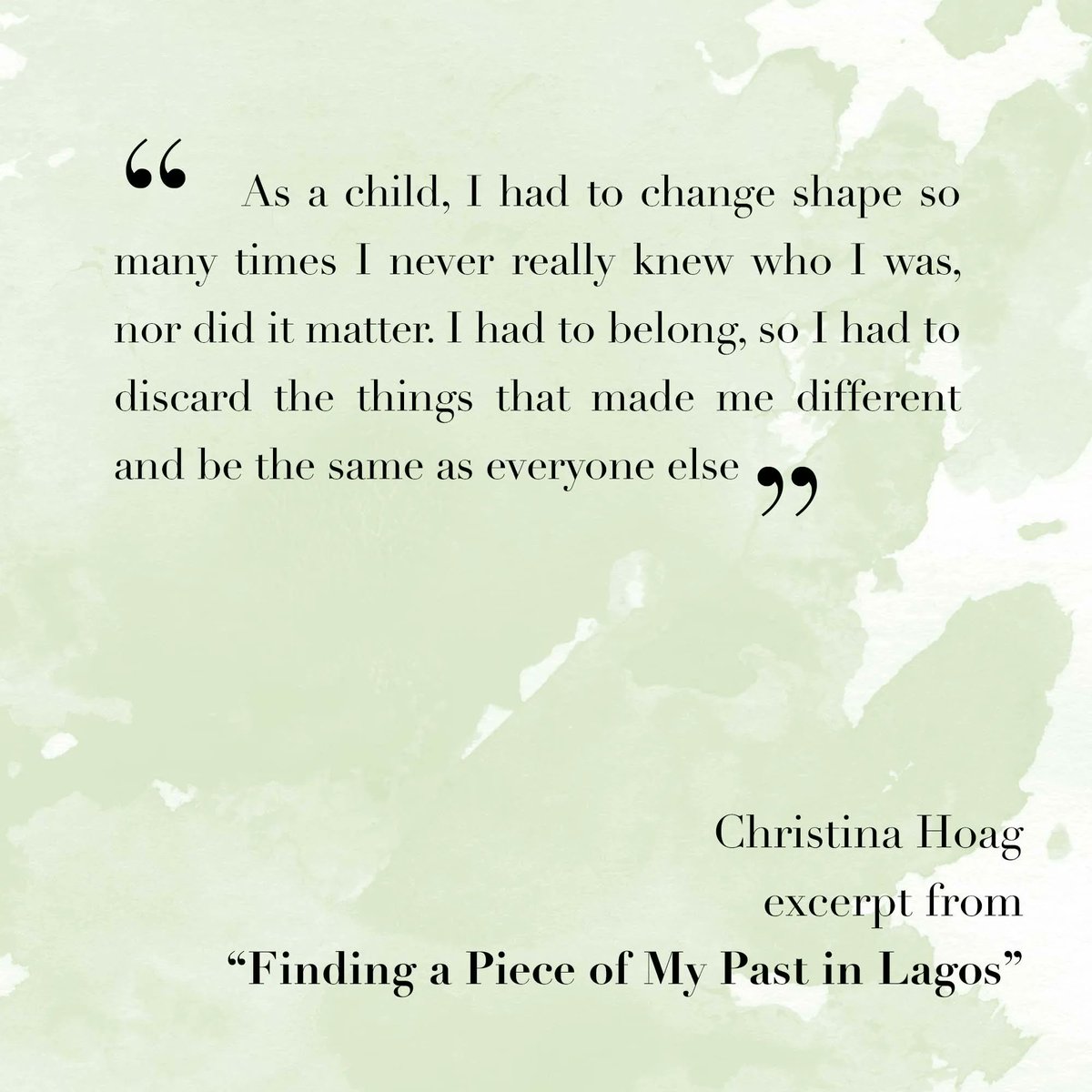 'Finding a Piece of My Past in Lagos' by Christina Hoag is included in our 'Roots' issue. Author of novels Girl on the Brink and Skin of Tattoos, she recently won prizes for essay &amp; fiction in the International Human Rights Arts Festival and Soul-Making Keats Writing Competition.