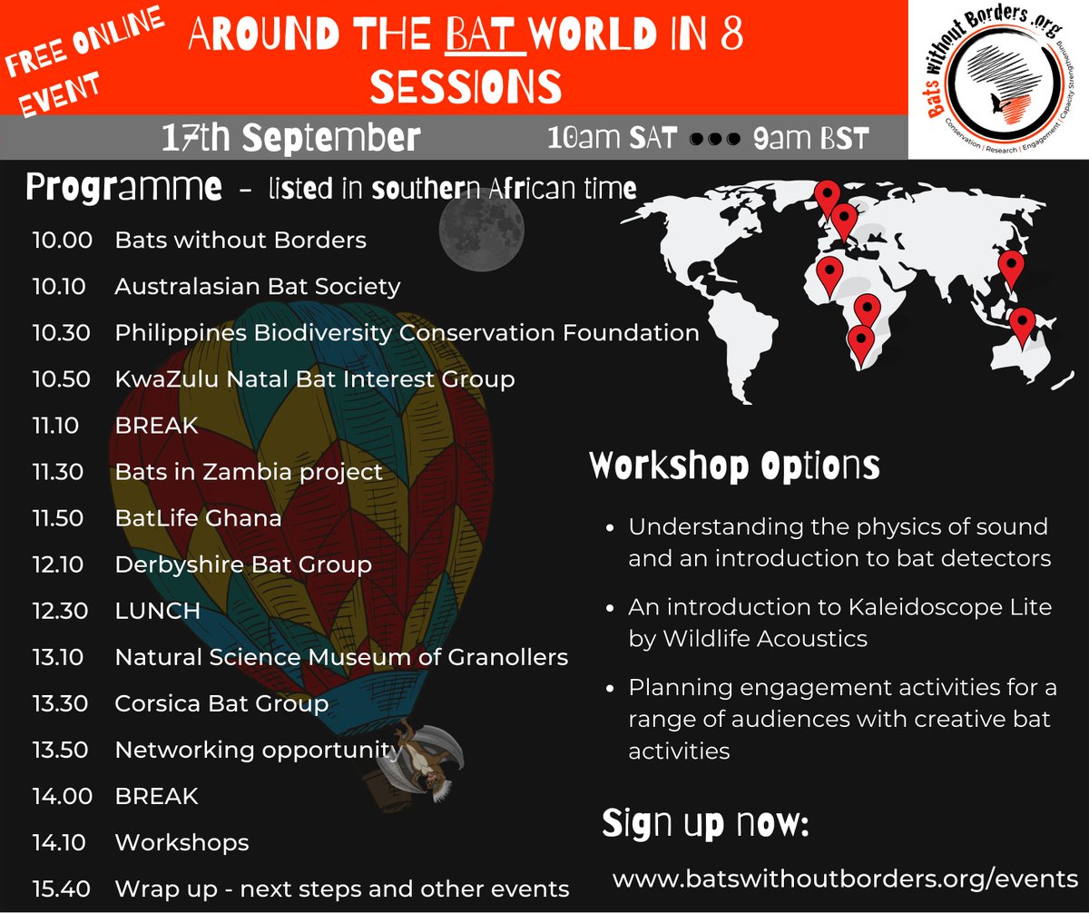 Bats without Borders (@bats_w_borders) on Twitter photo Only two weeks until our online event Around the Bat World in 8 Sessions on 17th September.
Sign up for free or with a donation of your choice at: 
lght.ly/blp8i9g
 
#Africanbatresearch #Batconservation #bats #llulwane #popo #southernAfricanBats #LoveBats #Wildlife Only two weeks until our online event Around the Bat World in 8 Sessions on 17th September.
Sign up for free or with a donation of your choice at: 
lght.ly/blp8i9g
 
#Africanbatresearch #Batconservation #bats #llulwane #popo #southernAfricanBats #LoveBats #Wildlife