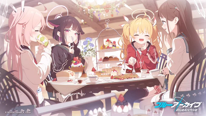 【お祝いイラスト】ヘナチョコ()先生から、「放課後スイーツ物語 甘い秘密と銃撃戦」の開催を記念したお祝いイラストを頂きました!ありがとうございます!放課後スイーツ部の活動風景を描いた1枚です!美味しそうに食べる皆さんを見ていたらアロナもお腹が空いてきました#ブルアカ 