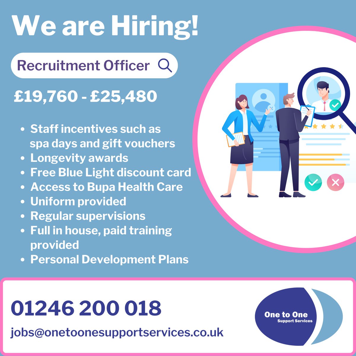 OneToOneSupport's tweet image. Due to a vacancy in the department, One to One Support Services is looking to recruit an experienced Full Time HR Recruitment Officer.

£19,760.00-£25,480.00 per year

Call 01246 200 018 or email jobs@onetoonesupportservices.co.uk today to apply!