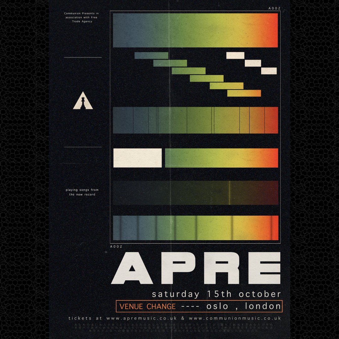 IMPORTANT!!!!!!! Due to unforeseen circumstances the APRE show on 15th October has moved venue from Lafayette to Oslo. All tickets remain valid.

I am so excited to play for you! Tickets are still available here -apremusic.co.uk/tour
