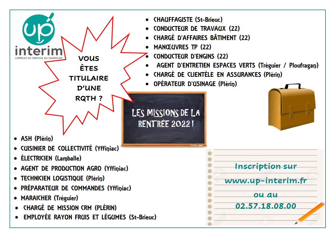 Up_SaintBrieuc's tweet photo. Vous les attendiez ? Et bien voici nos offres de la rentrée ! 🥳💼⏰
#upinterim #inclusion #emploi #icicarecrute #handicap https://t.co/gsIG1tu7S5