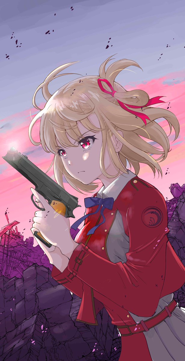 nishikigi chisato 1girl lycoris uniform blonde hair weapon gun two-tone dress ribbon  illustration images