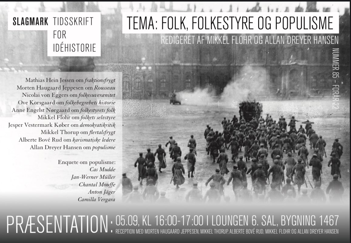 Jeg har redigeret et temanummer af Slagmark om “Folk, folkestyre og populisme” sammen med Allan Dreyer Hansen, som vi lancerer i Århus på mandag. <a href="/Slagmark_dk/">Slagmark</a> sørger for noget at skåle i og særpris på udgivelsen.