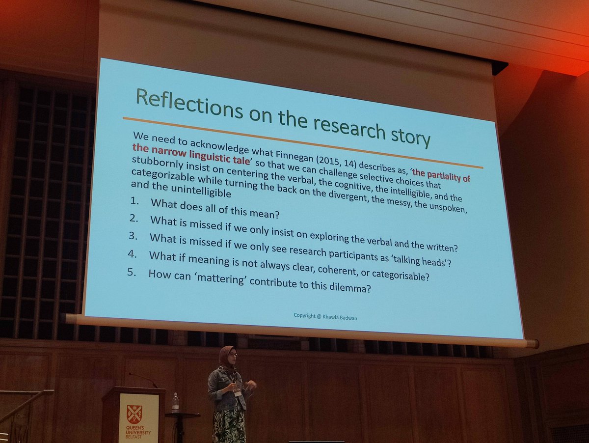 This morning <a href="/KhawlaBadwan/">Dr Khawla Badwan</a> called eloquently on #BAAL2022 to "challenge selective choices that stubbornly insist on centering the verbal, the cognitive, the intelligible, and the categorizable". Excited to keep thinking about what a post-human applied linguistics can look like.