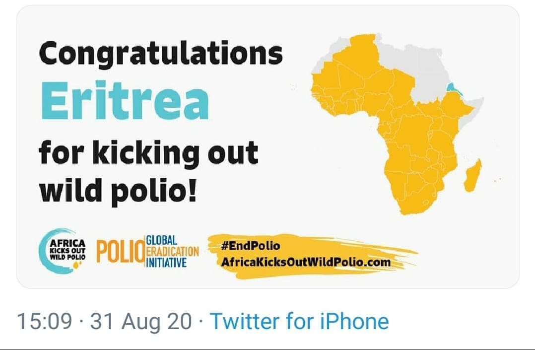 Congratulating Eritrea for its second year anniversary of its certification as wild polio free country!