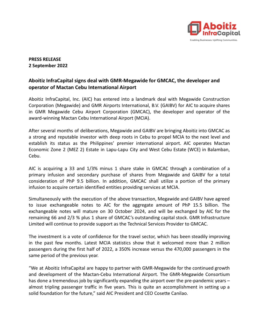 djstaana's tweet photo. Aboitiz InfraCapital buys into GMR-Megawide Cebu Airport Corp., operator of Mactan Cebu Intl Airport. AIC gets 331/3 shares for p9.5b. AIC Pres. @CVCanilao:  "We are excited to take MCIA to new heights which will bring in more progress" to the province, region &amp; the country." https://t.co/fVW2mlb7H9