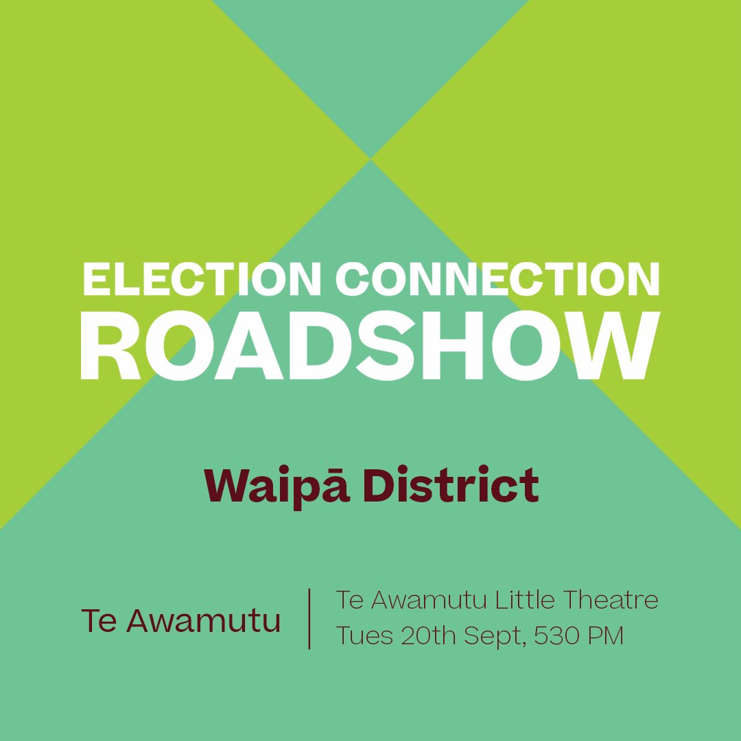 Save the dates Te Aroha and Te Awamutu - The Election Connection Roadshow is heading to you on September 19th and 20th.

Join us and get ready for some awesome chats as we talk the arts sector and what we can do to help. 

Don't be shy - all welcome.