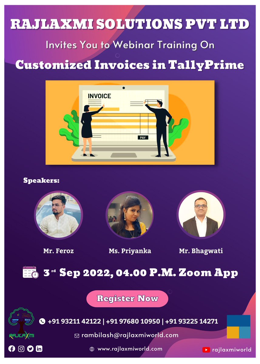 rajlaxmiworld's tweet photo. Webinar Training | How to Customised Invoices in TallyPrime | Rajlaxmi Solutions Pvt Ltd | #RSPL | 3-Sep-22
..
Register Now
Raj: +91 97680 10950 || Rambilash: +91 93211 42122 || Bhagwati: +91 93225 14271 || Anagha: +91 97680 10960
..
#WebinarTraining #invoice #customizedinvoice https://t.co/VMu9V7KK3g