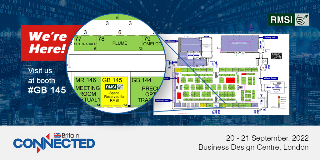 Can't wait to meet you all at the #connectedbritain 2022!

Visit our booth #GB145 and enjoy an #interactive #experience with us to know how RMSI #teleco experts.

#rmsitelecommunications #5g #gigabit #digitalsolutions #networkprovisioning #industry4point0