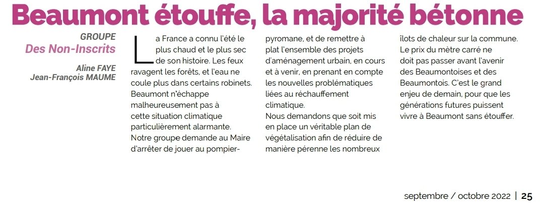 gnibeaumont63's tweet photo. 📝 Retrouvez notre article dans le magazine municipal de Septembre : "Beaumont étouffe, la majorité bétonne"
💬 "Notre groupe demande au Maire d’arrêter de jouer au pompier pyromane 🚒". https://t.co/iTGDSyjoTC
