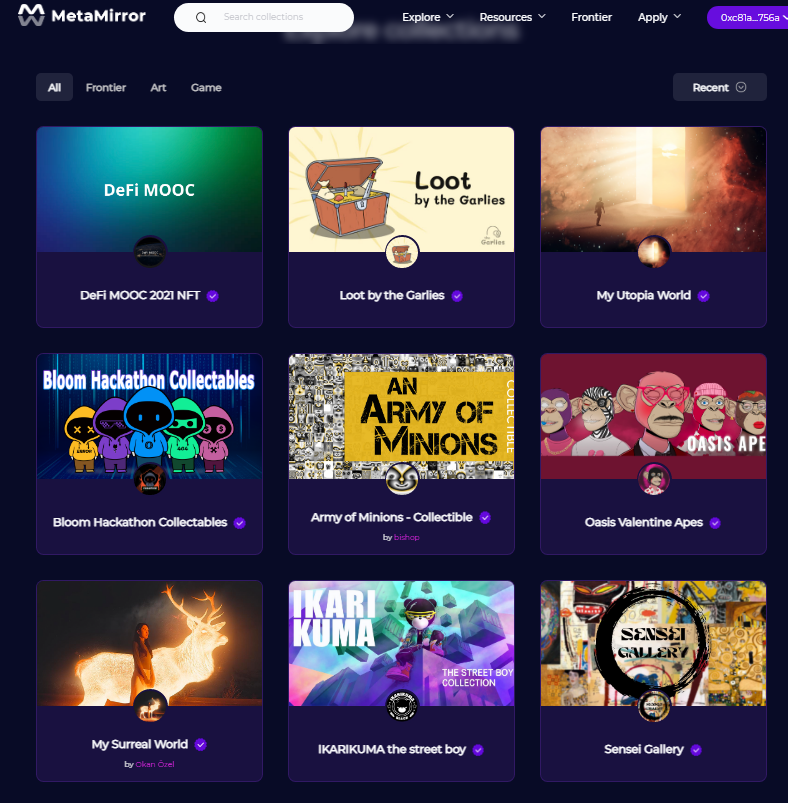 Ladybitecoin's tweet photo. MetaMirror Gallery @Auth3MetaMirror is the first NFT Marketplace built on Oasis Network. A gateway between Web 2.0 and Web 3.0. Explore the Collections below where we can see that the NFT collection is growing in Oasis Network.  
https://t.co/UHAGvJhftK

#NFTs  #OasisNFT $ROSE https://t.co/D2hagTgsYF